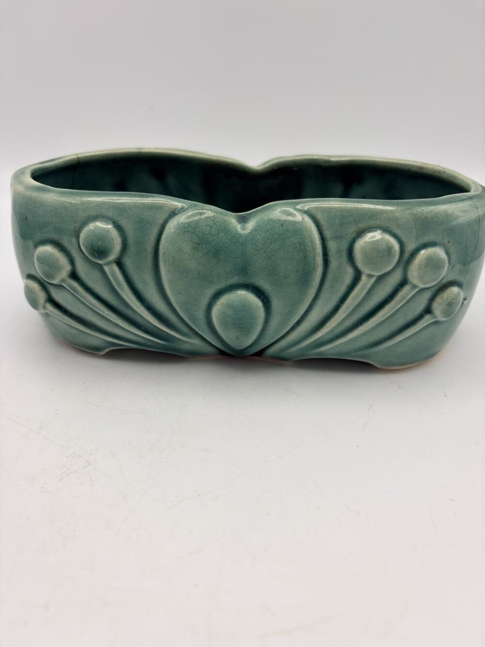 McCoy Turquoise Aqua Rectangle Art Pottery Bulb Planter 6.5” Heart Mold